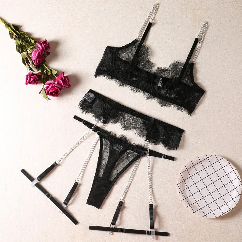 Toucheart Lingerie Lace Metal Chain With Garter Belt Set Bodysuit Perspective Underwear Porn Lace Sleepwear Set