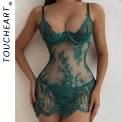 Toucheart Lingerie Lace Mesh See-through Jumpsuit Suspender Push-up Body Shaping Separates Nightgown Suit