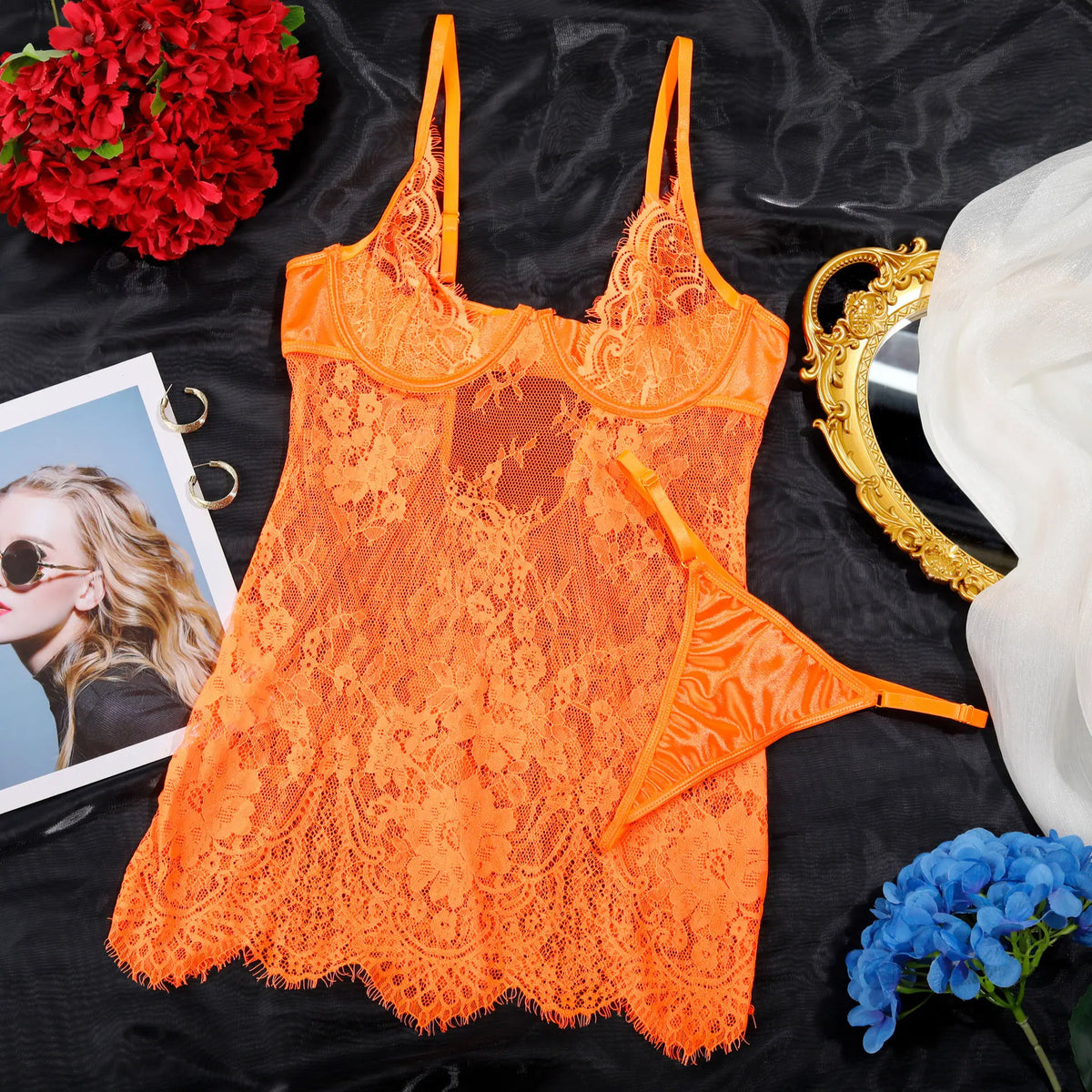 Toucheart Lingerie Lace Mesh See-through Jumpsuit Suspender Push-up Body Shaping Separates Nightgown Suit