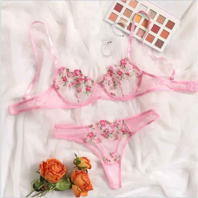 Toucheart Lingerie Lace Suit Thong Mesh See-through Embroidery Adult Female Floral Print Underwear