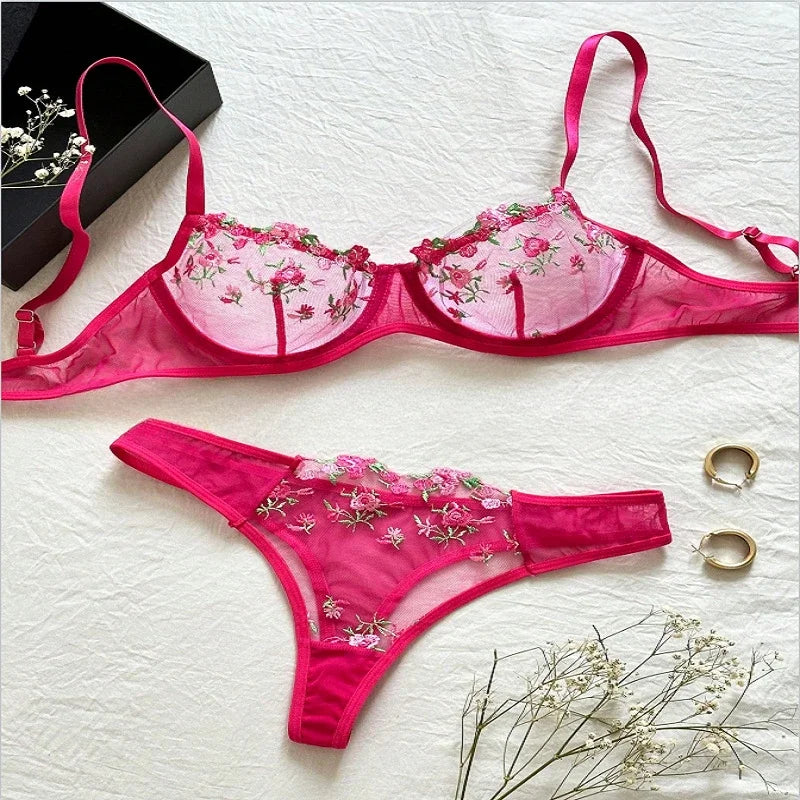Toucheart Lingerie Lace Suit Thong Mesh See-through Embroidery Adult Female Floral Print Underwear