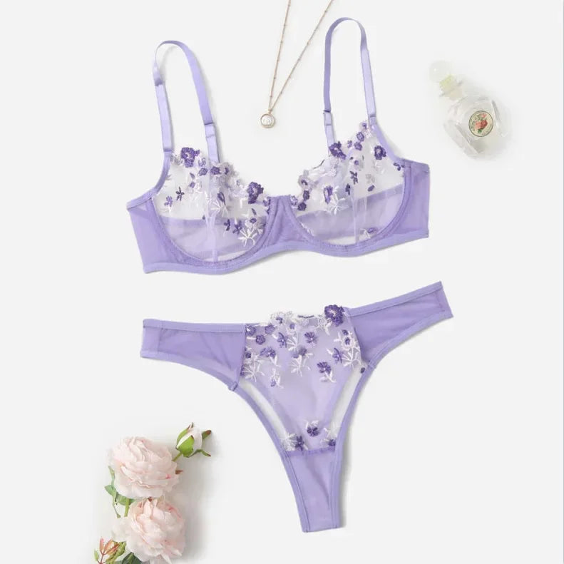 Toucheart Lingerie Lace Suit Thong Mesh See-through Embroidery Adult Female Floral Print Underwear