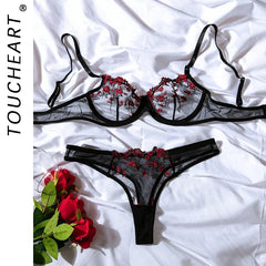 Toucheart Lingerie Lace Suit Thong Mesh See-through Embroidery Adult Female Floral Print Underwear