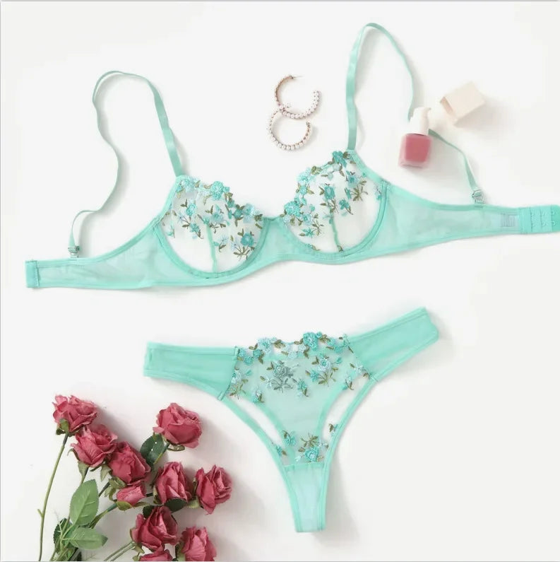 Toucheart Lingerie Lace Suit Thong Mesh See-through Embroidery Adult Female Floral Print Underwear