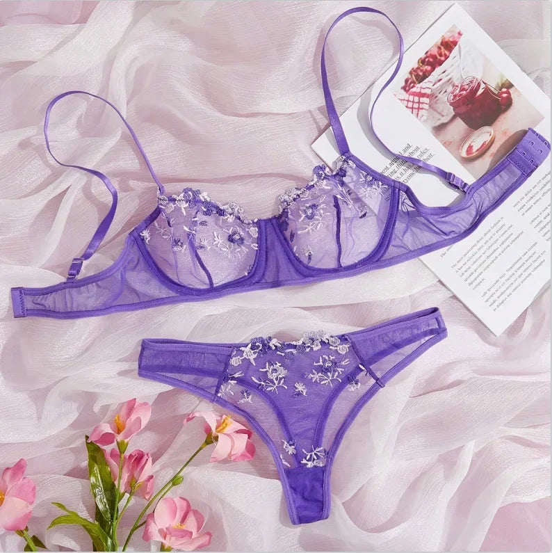 Toucheart Lingerie Lace Suit Thong Mesh See-through Embroidery Adult Female Floral Print Underwear