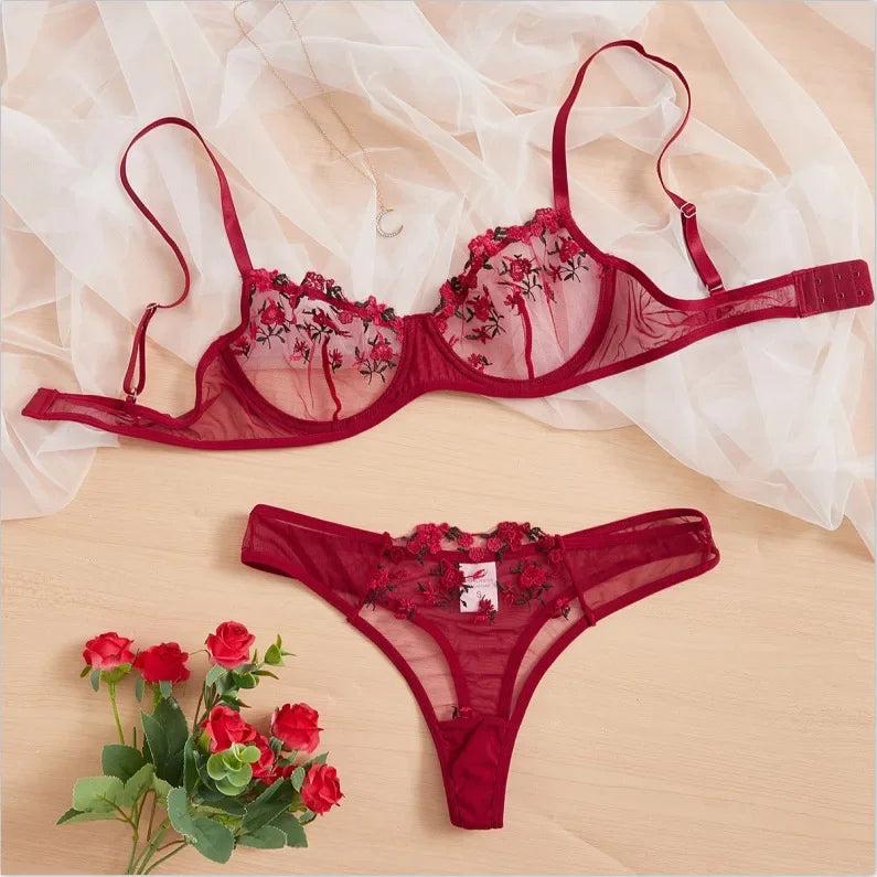 Toucheart Lingerie Lace Suit Thong Mesh See-through Embroidery Adult Female Floral Print Underwear