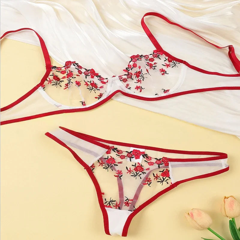 Toucheart Lingerie Lace Suit Thong Mesh See-through Embroidery Adult Female Floral Print Underwear