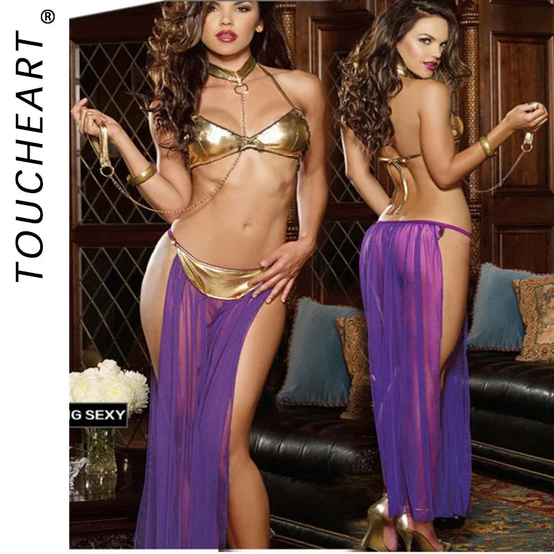 Toucheart Lingerie Long Mesh Slit Skirt Halter Bra Set Pu Mesh See-Through Contrast Color