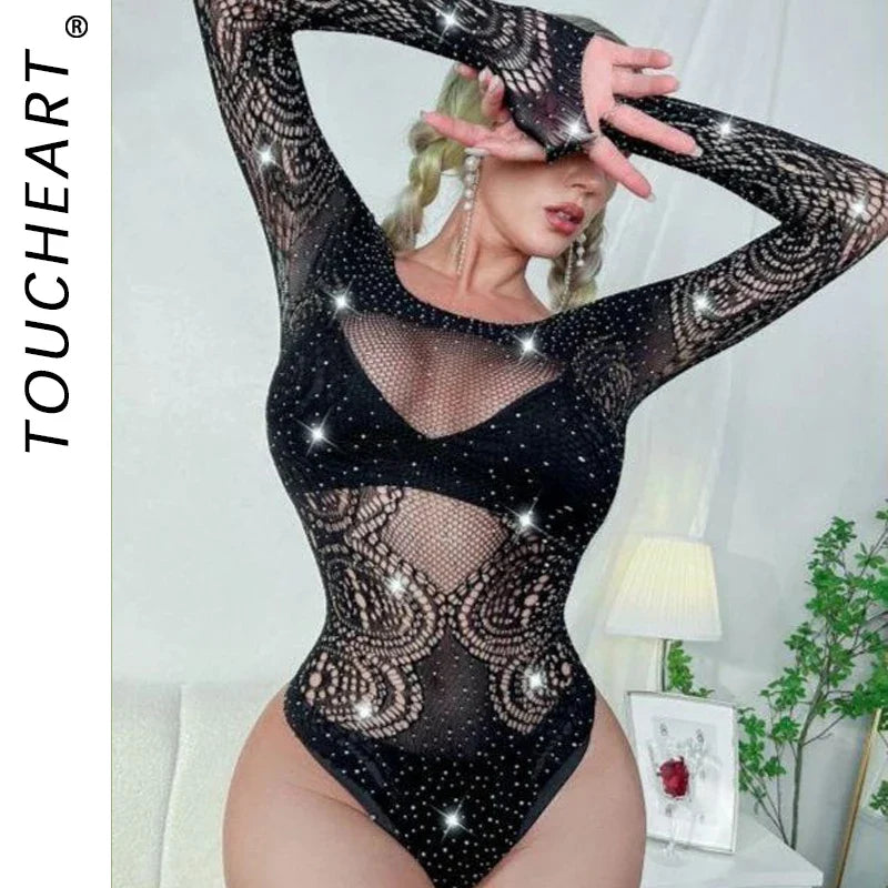 Toucheart Lingerie Long Sleeve Jumpsuit Bikini One Piece Jacquard Solid Color Mesh See-through Bodysuit