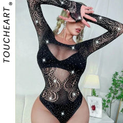 Toucheart Lingerie Long Sleeve Jumpsuit Bikini One Piece Jacquard Solid Color Mesh See-through Bodysuit