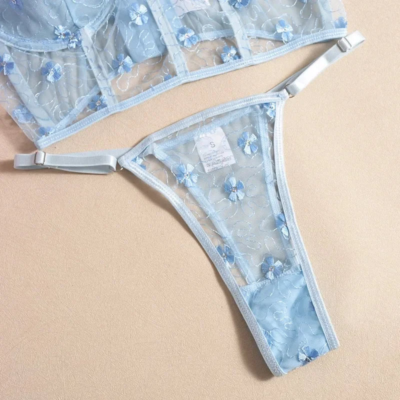 Toucheart Lingerie Mesh Embroidered Flowers Underwire Fishbone Floral Transparent Lace Underwear Lingerie Suit