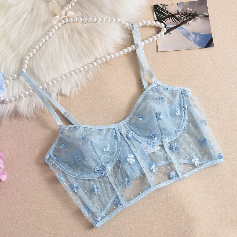 Toucheart Lingerie Mesh Embroidered Flowers Underwire Fishbone Floral Transparent Lace Underwear Lingerie Suit