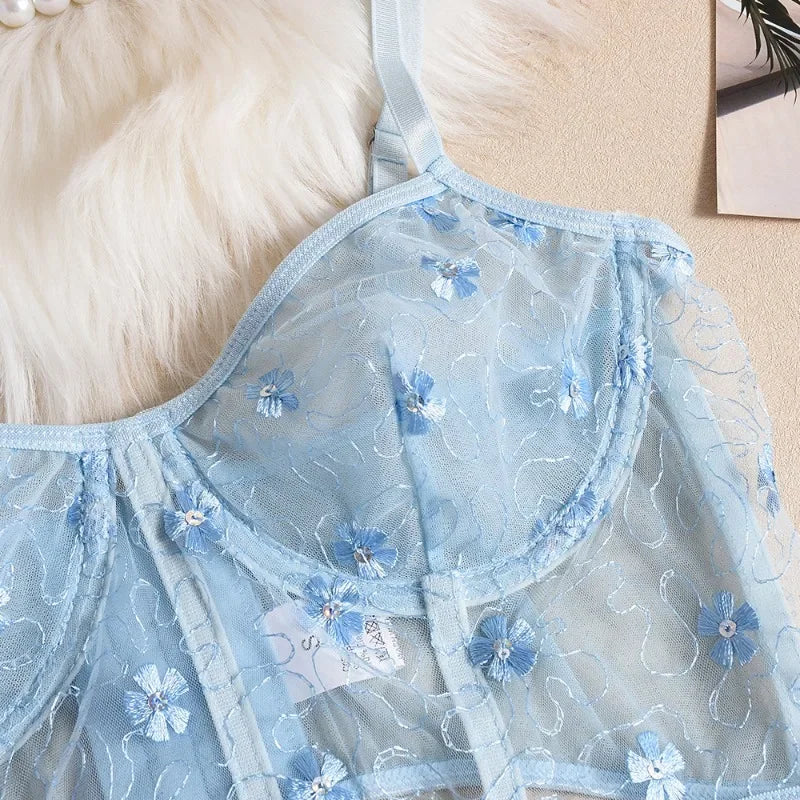 Toucheart Lingerie Mesh Embroidered Flowers Underwire Fishbone Floral Transparent Lace Underwear Lingerie Suit