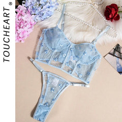 Toucheart Lingerie Mesh Embroidered Flowers Underwire Fishbone Floral Transparent Lace Underwear Lingerie Suit