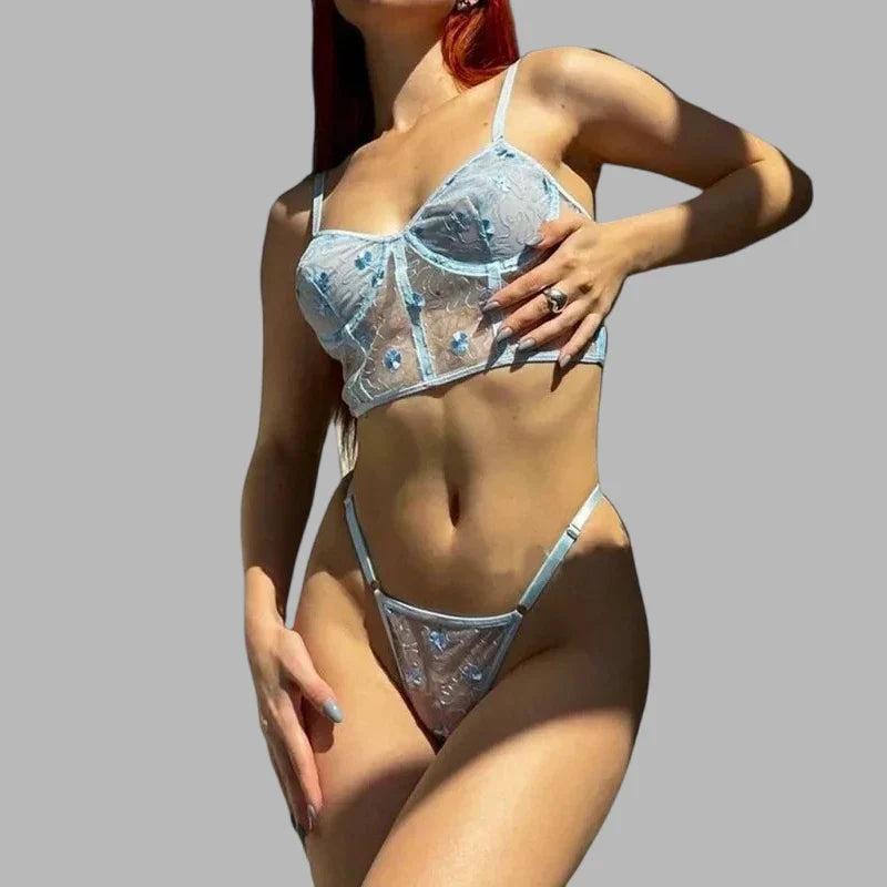 Toucheart Lingerie Mesh Embroidered Flowers Underwire Fishbone Floral Transparent Lace Underwear Lingerie Suit