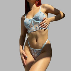 Toucheart Lingerie Mesh Embroidered Flowers Underwire Fishbone Floral Transparent Lace Underwear Lingerie Suit