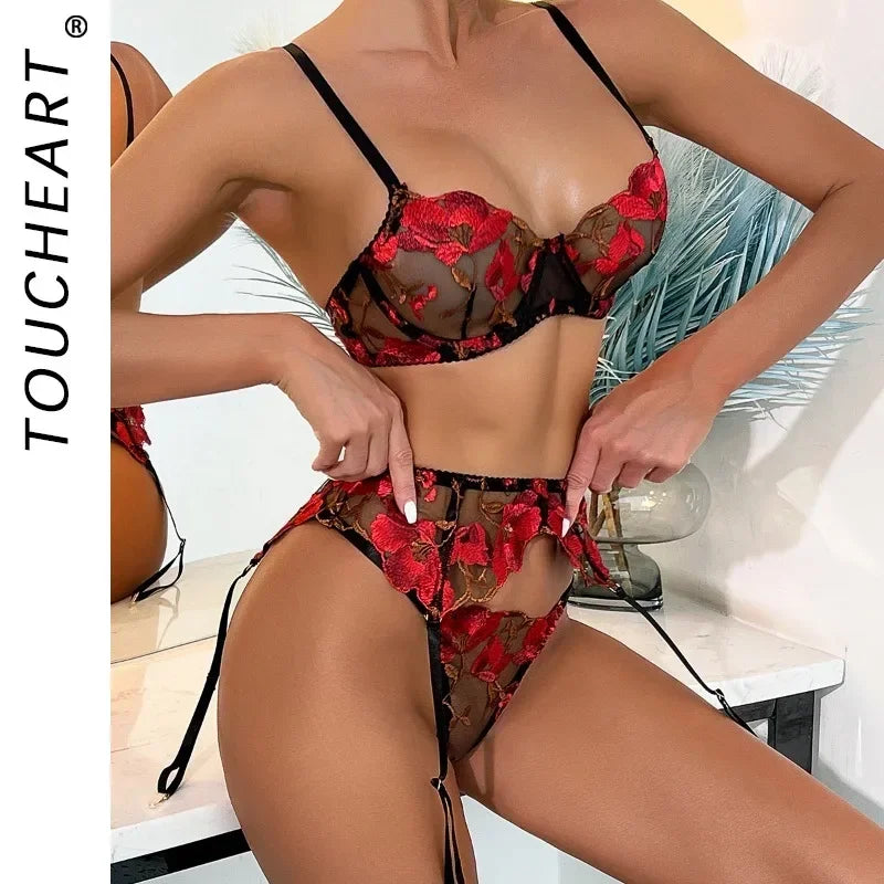 Toucheart Lingerie Mesh Embroidery Printing Micro Perspective Girdle Garters Underwear Set Underwear