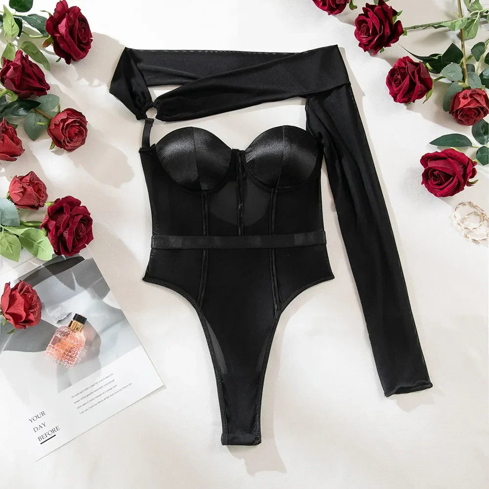Toucheart Lingerie One-shoulder Sleeve Body Shaping Jumpsuit Push-up Chest Cotton Splicing Mesh Perspective Underwear