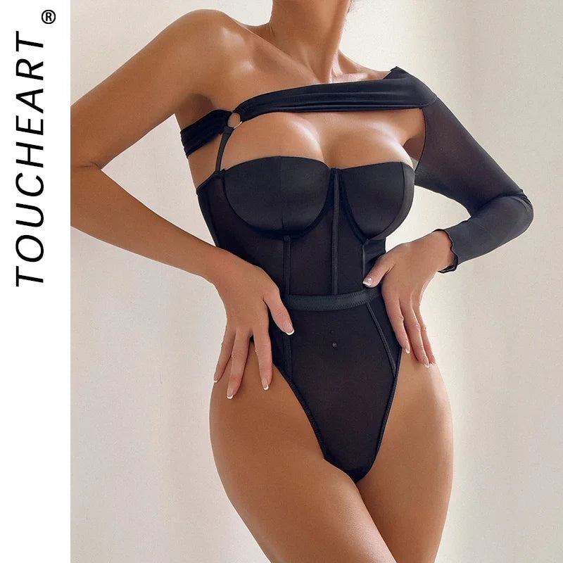Toucheart Lingerie One-shoulder Sleeve Body Shaping Jumpsuit Push-up Chest Cotton Splicing Mesh Perspective Underwear