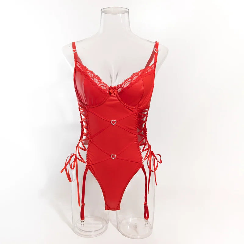 Toucheart Lingerie Onesie Suit Lace PU Sling Onesie Lace Up Solid Color Garters Underwear Set