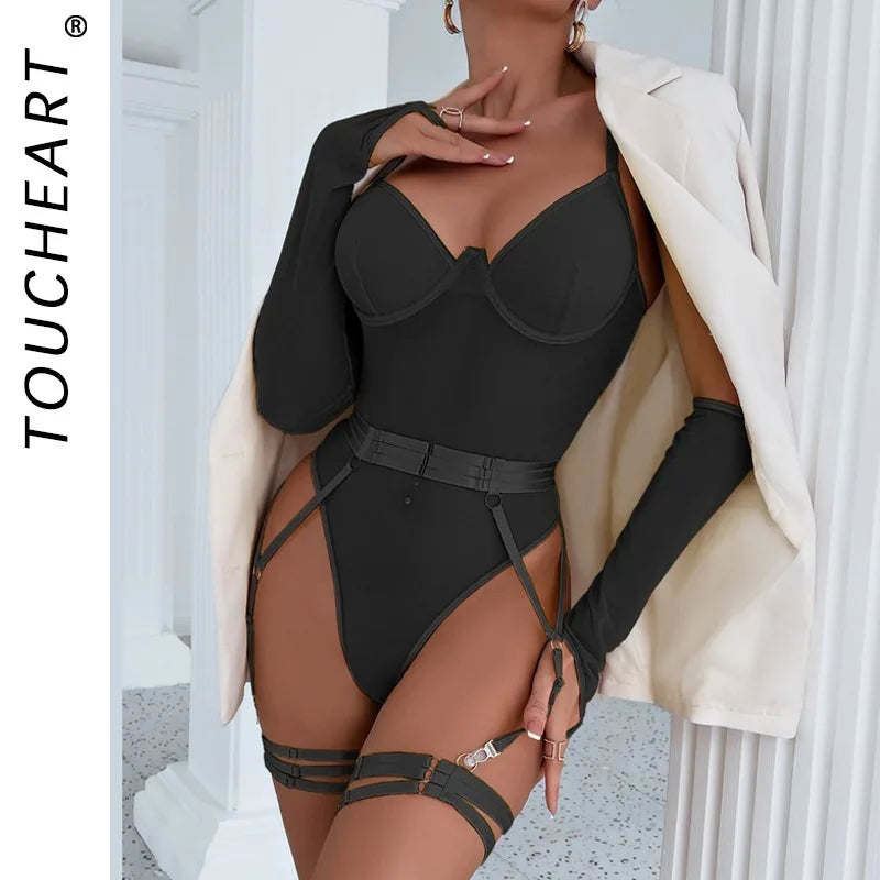 Toucheart Lingerie Onesie Suit Solid Color Mesh Lace Up See-through Underwear Suit Gloves Garters Underwear