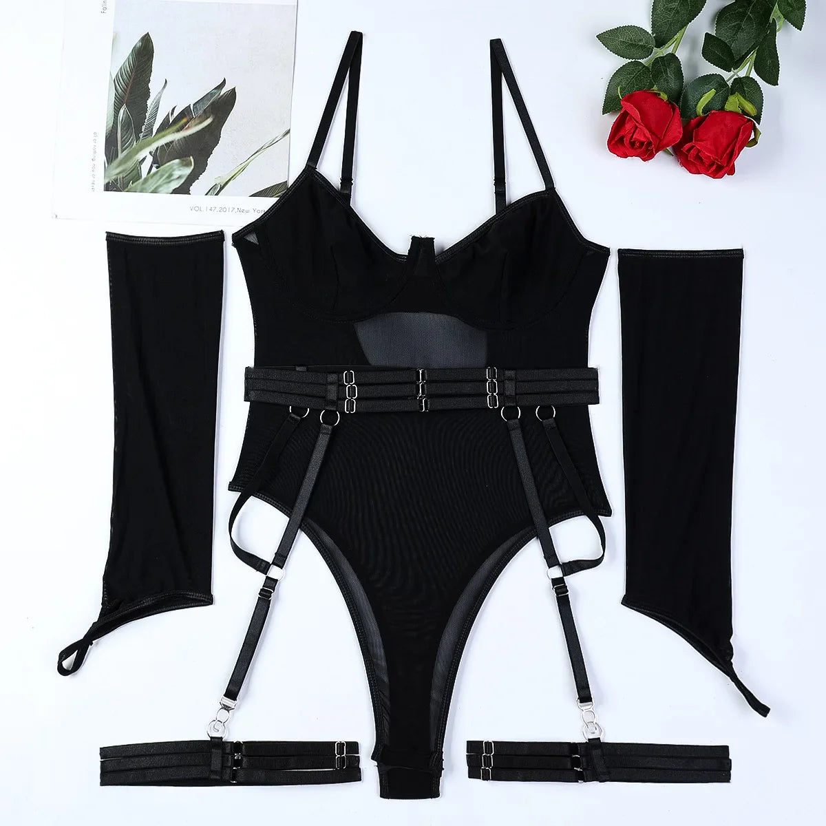 Toucheart Lingerie Onesie Suit Solid Color Mesh Lace Up See-through Underwear Suit Gloves Garters Underwear