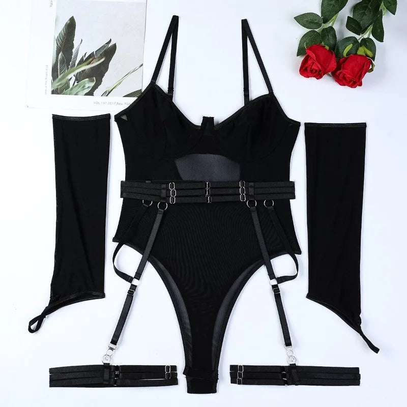 Toucheart Lingerie Onesie Suit Solid Color Mesh Lace Up See-through Underwear Suit Gloves Garters Underwear