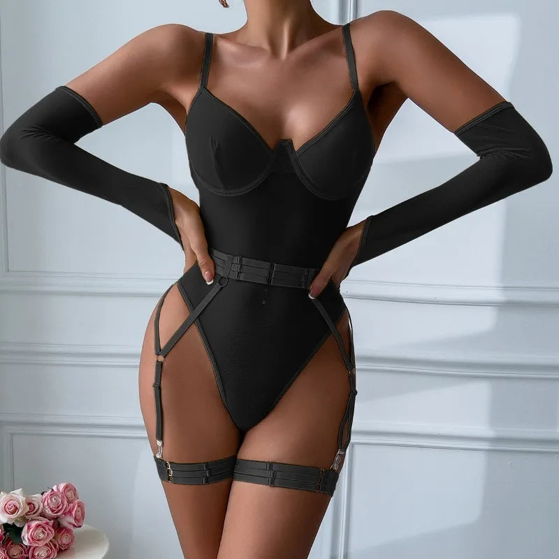 Toucheart Lingerie Onesie Suit Solid Color Mesh Lace Up See-through Underwear Suit Gloves Garters Underwear