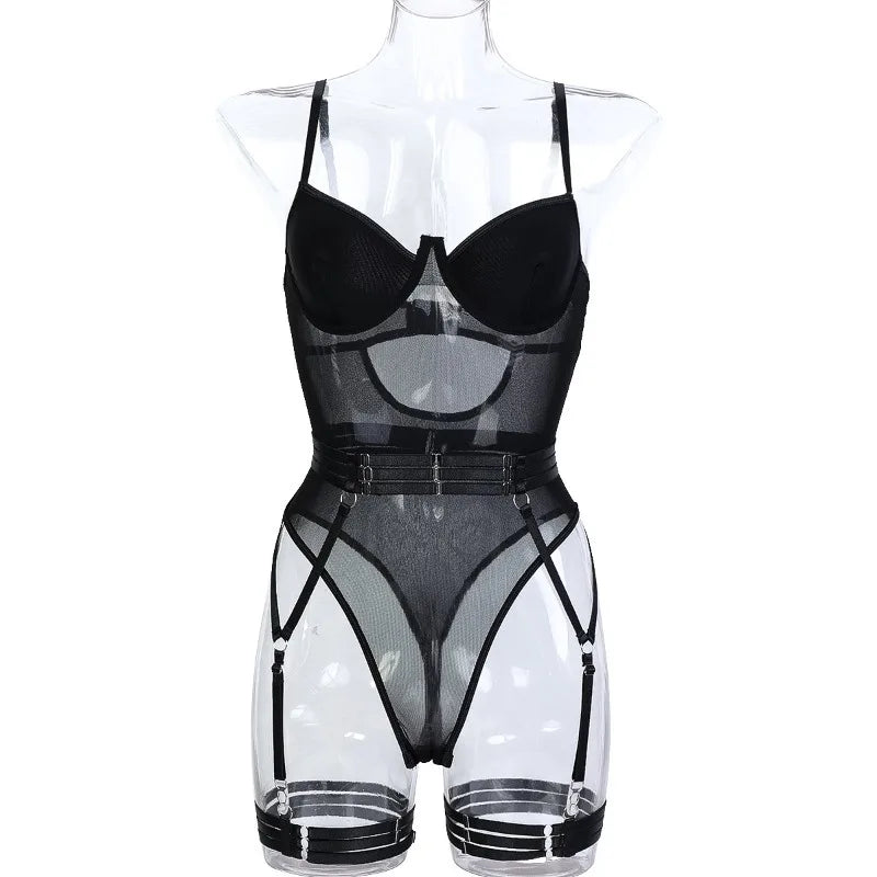 Toucheart Lingerie Onesie Suit Solid Color Mesh Lace Up See-through Underwear Suit Gloves Garters Underwear