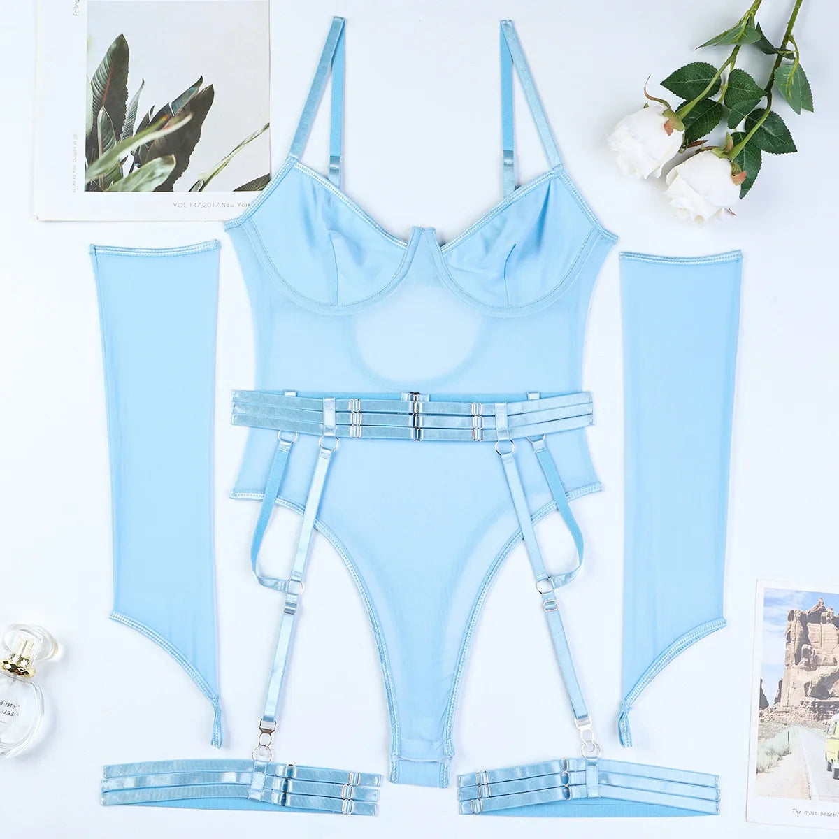 Toucheart Lingerie Onesie Suit Solid Color Mesh Lace Up See-through Underwear Suit Gloves Garters Underwear