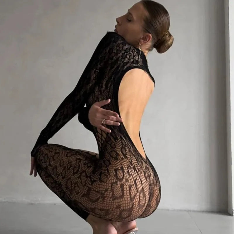 Toucheart Lingerie Onesie Mesh Leopard Print Stockings Lingerie with Backless Onesie