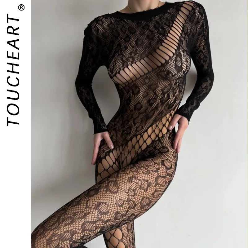 Toucheart Lingerie Onesie Mesh Leopard Print Stockings Lingerie with Backless Onesie