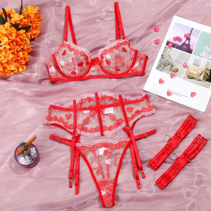 Toucheart Lingerie Onesie Mesh See-through Straps Love Embroidery Print with Leg Rings Three-piece Underwear