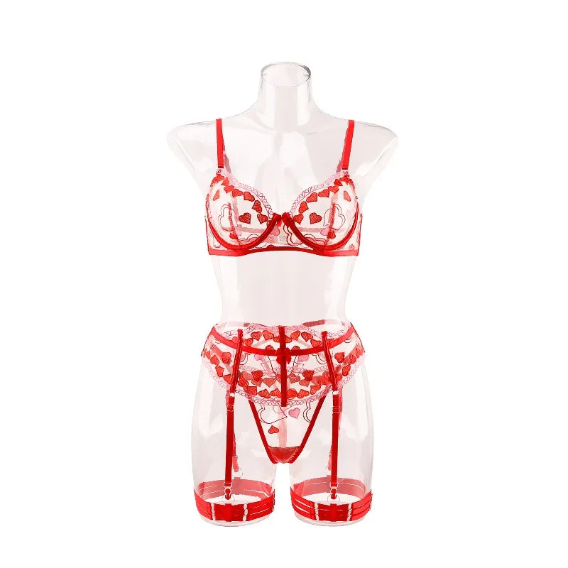 Toucheart Lingerie Onesie Mesh See-through Straps Love Embroidery Print with Leg Rings Three-piece Underwear