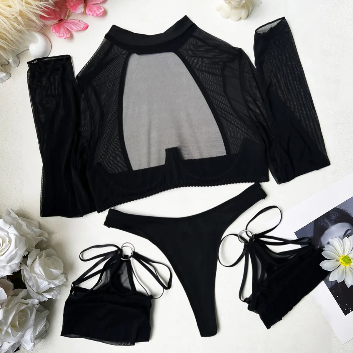 Toucheart Lingerie Panty with Stockings Lace See-through Elegant Slim Underwear Set