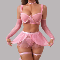 Toucheart Lingerie Pure Girly Style Pink See-through Mesh Skirt Uniform with Gloves Body Shaping Lingerie Set