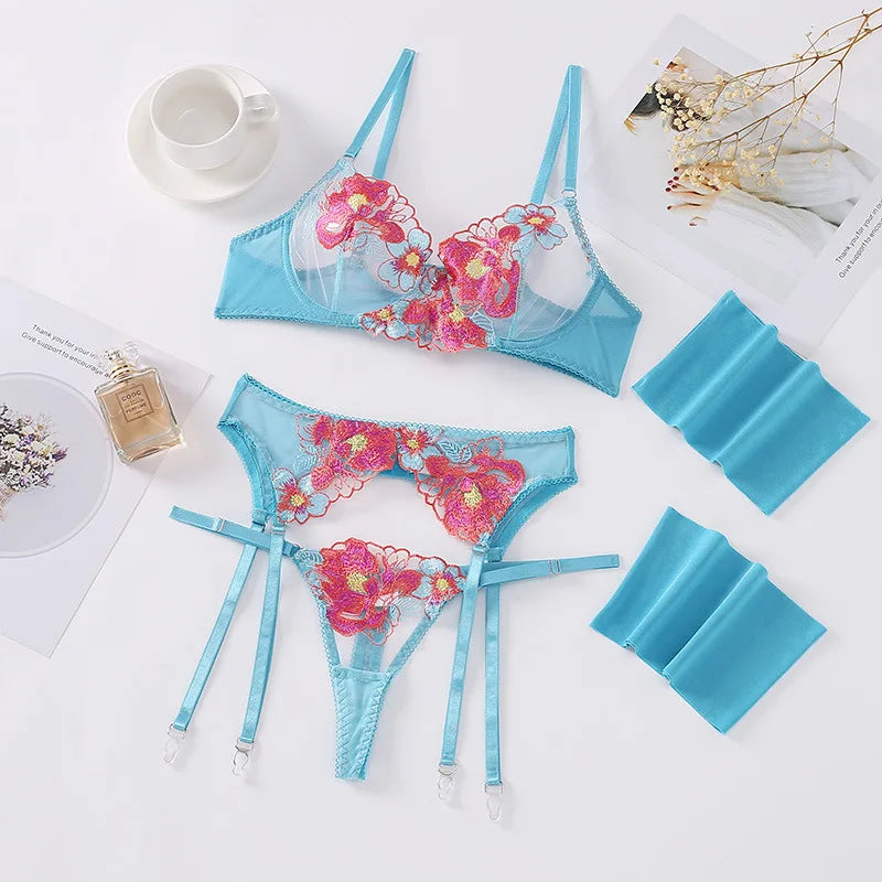 Toucheart Lingerie Set Embroidery Flowers Garters Mesh Underwear Micro Perspective Bra Set