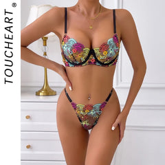 Toucheart Lingerie Set Flower Embroidered Printing Mesh See-Through Stitching Bra Underwear Set