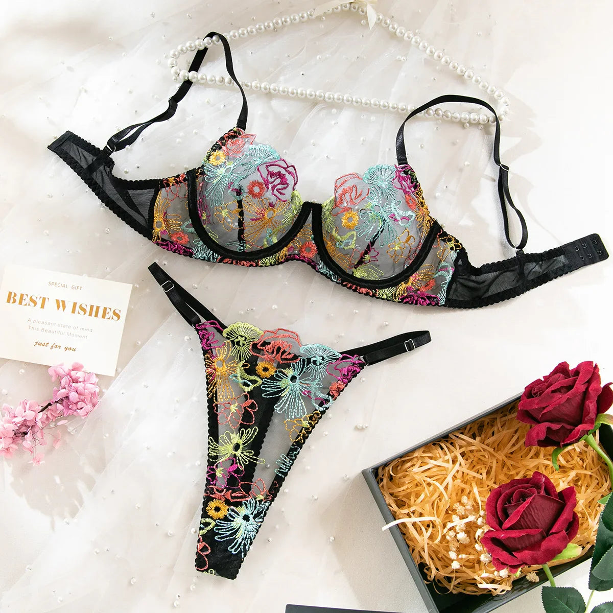 Toucheart Lingerie Set Flower Embroidered Printing Mesh See-Through Stitching Bra Underwear Set