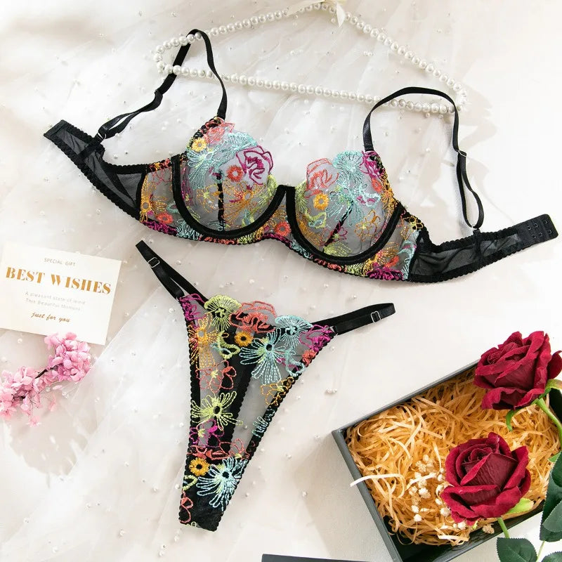 Toucheart Lingerie Set Flower Embroidered Printing Mesh See-Through Stitching Bra Underwear Set