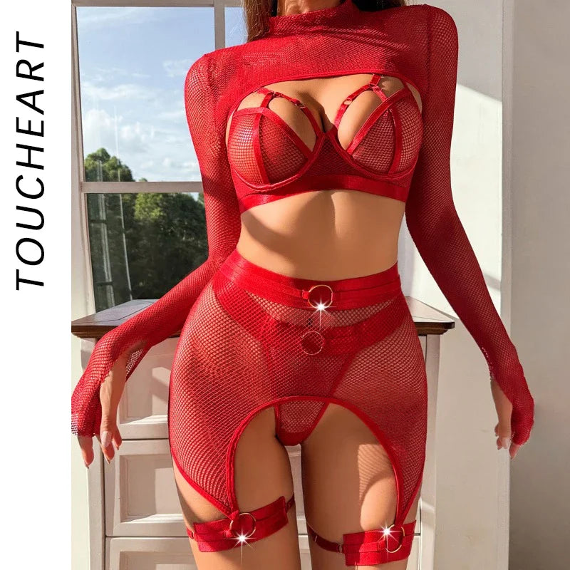 Toucheart Lingerie Set Mesh See-through Temptation Free Underwear Long Sleeves Garters Lingerie Set