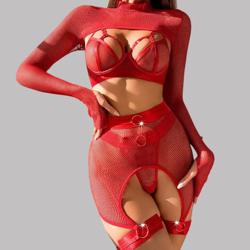 Toucheart Lingerie Set Mesh See-through Temptation Free Underwear Long Sleeves Garters Lingerie Set