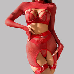 Toucheart Lingerie Set Mesh See-through Temptation Free Underwear Long Sleeves Garters Lingerie Set