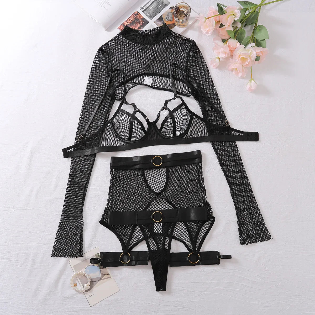 Toucheart Lingerie Set Mesh See-through Temptation Free Underwear Long Sleeves Garters Lingerie Set