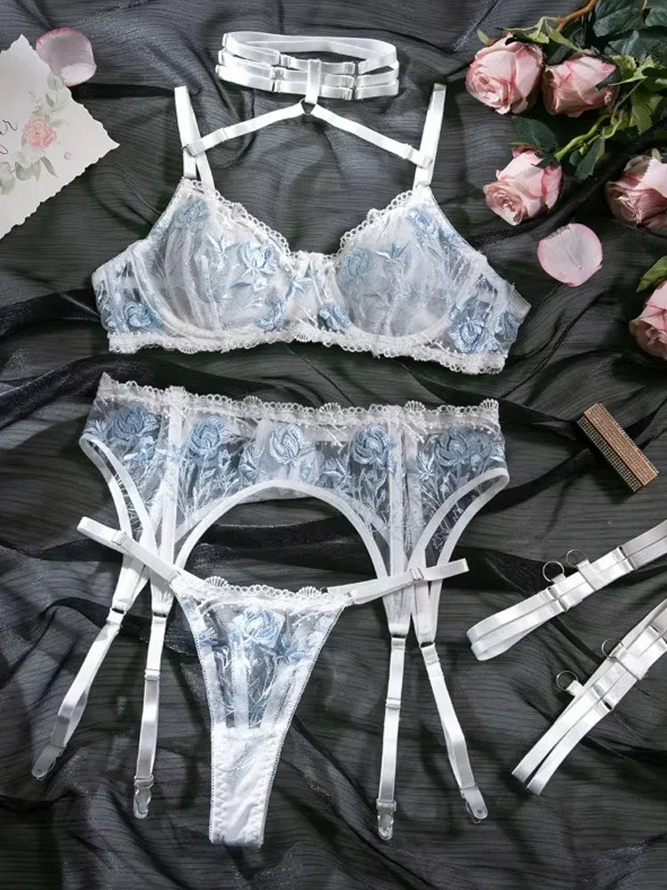 Toucheart Lingerie Set Lace Embroidery Bra Set Perspective Hanging Neck Underwear Garter Stockings