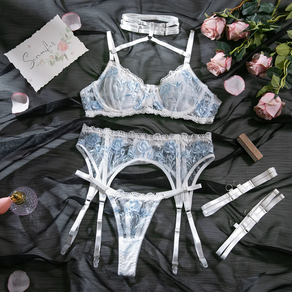 Toucheart Lingerie Set Lace Embroidery Bra Set Perspective Hanging Neck Underwear Garter Stockings