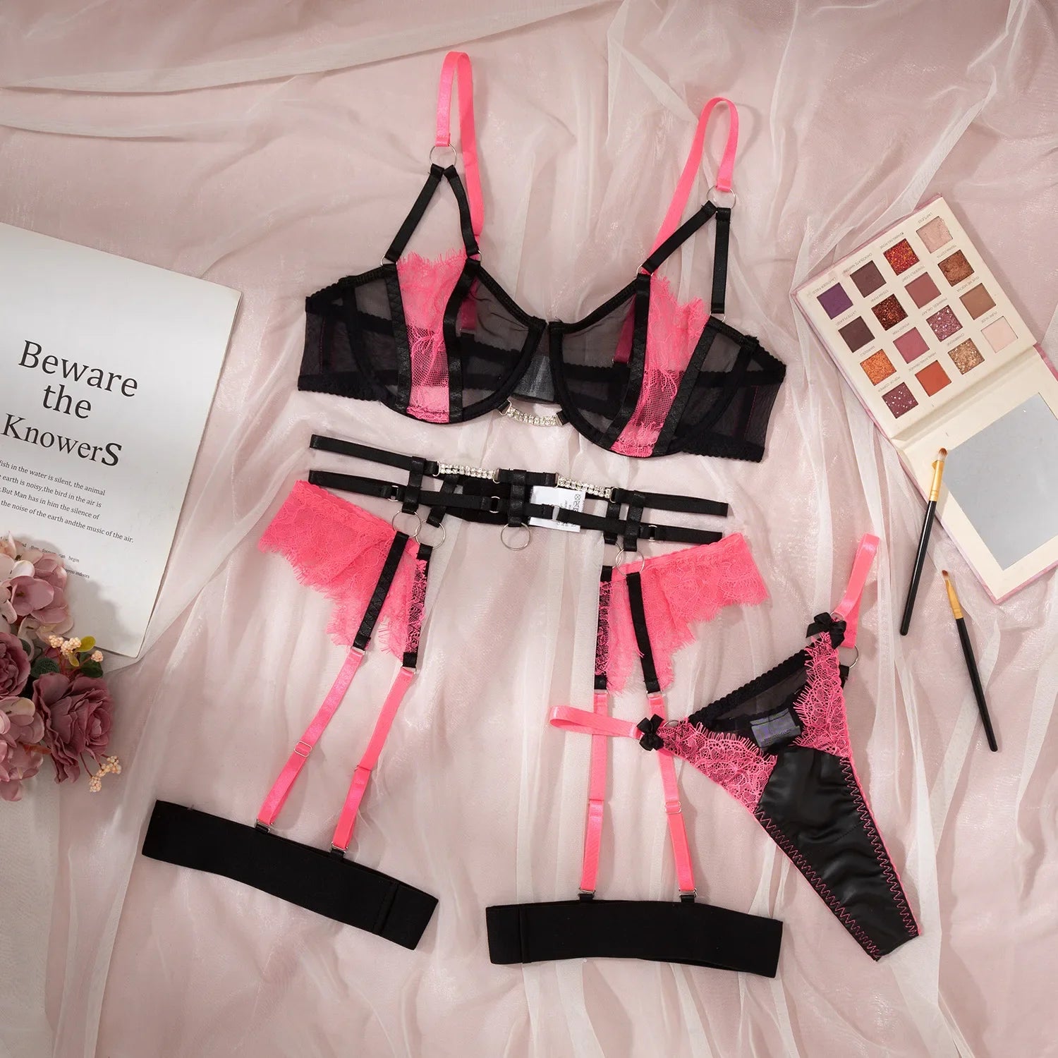 Toucheart Lingerie Set Lace Spliced Mesh Underwear Garters Contrast Color Underwear Set