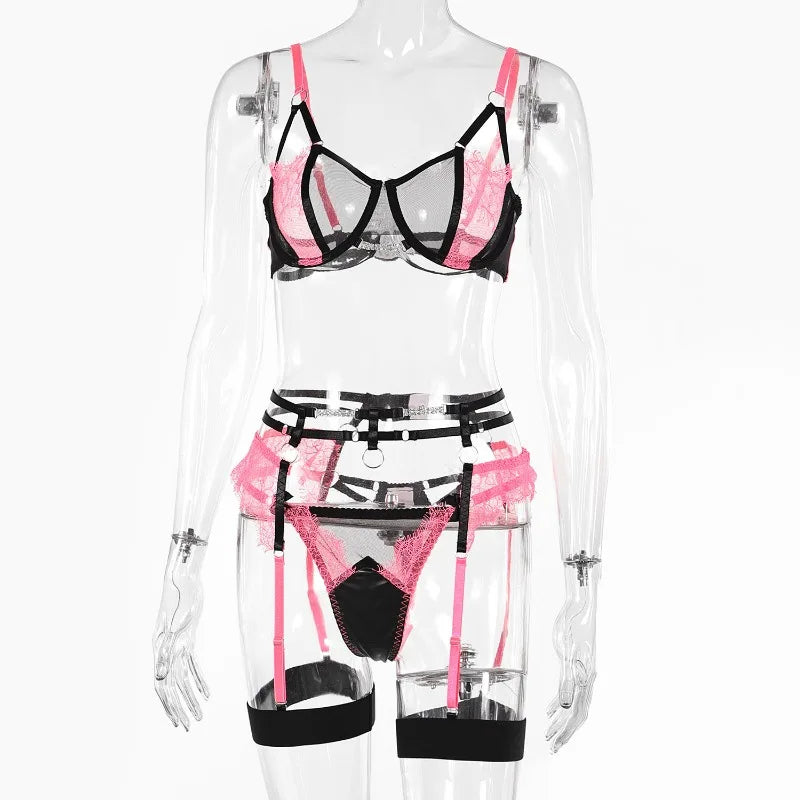 Toucheart Lingerie Set Lace Spliced Mesh Underwear Garters Contrast Color Underwear Set