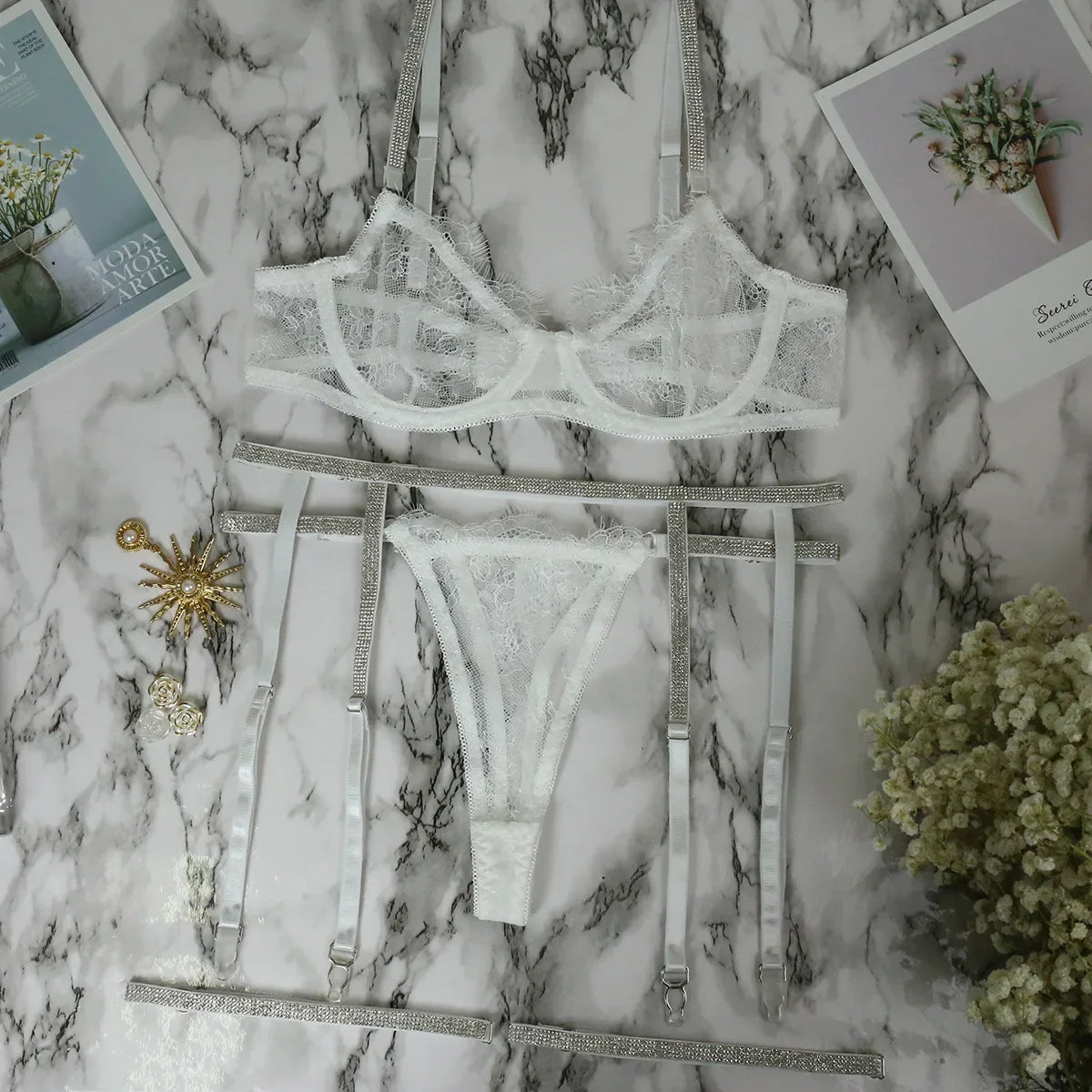 Toucheart Lingerie Set Lace Uniform Two Piece Bra Set Rhinestone Perspective Lace Lingerie