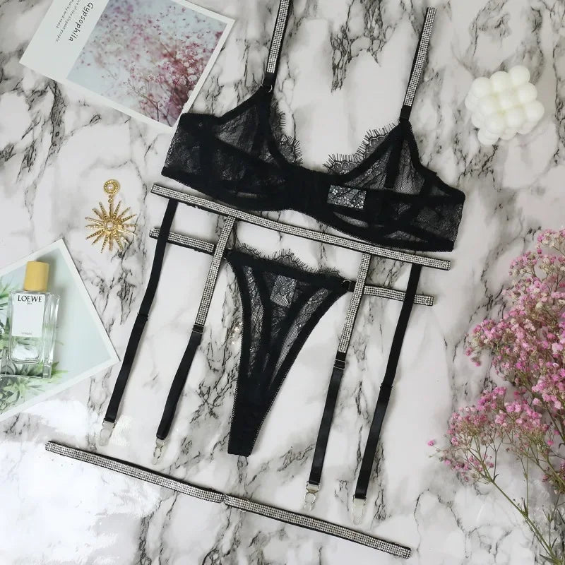 Toucheart Lingerie Set Lace Uniform Two Piece Bra Set Rhinestone Perspective Lace Lingerie